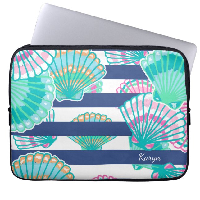 Navy Blue Stripe Seashell Laptop Sleeve (Front)