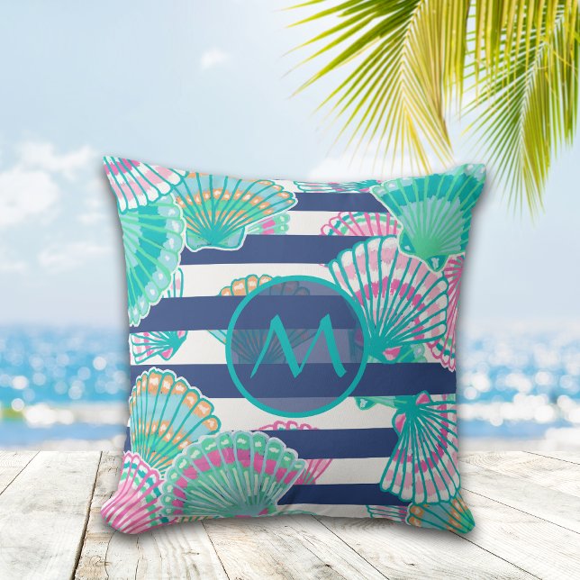 Navy Blue Stripe Seashell Monogram Throw Pillow (Creator Uploaded)