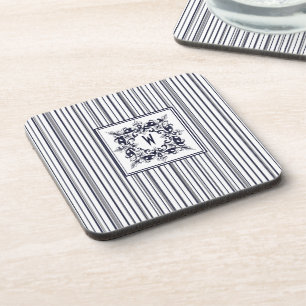 Navy Blue Stripe Vintage Label and Monogram Coaster