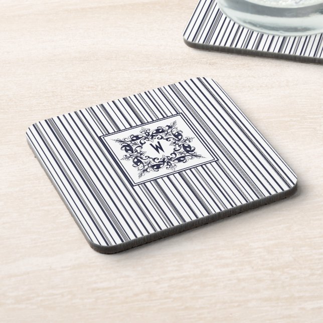 Navy Blue Stripe Vintage Label and Monogram Coaster (Left Side)