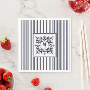 Navy Blue Stripe Vintage Label and Monogram Napkin