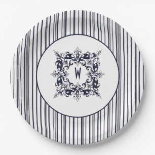 Navy Blue Stripe Vintage Label and Monogram Paper Plate