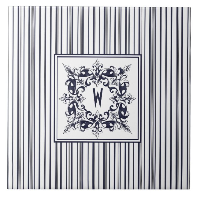 Navy Blue Stripe Vintage Label and Monogram Tile (Front)