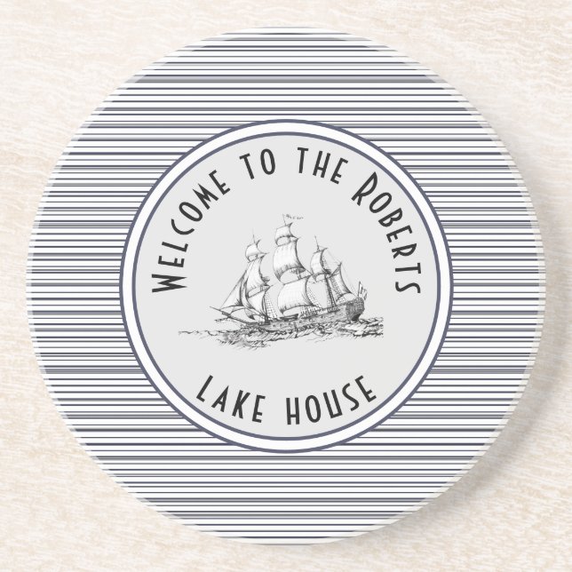 Navy Blue Stripe Vintage Label and Name Coaster (Front)