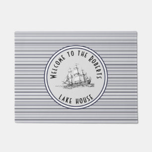 Navy Blue Stripe Vintage Label and Name Doormat