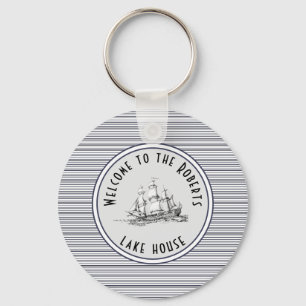 Navy Blue Stripe Vintage Label and Name Keychain