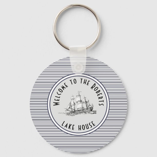 Navy Blue Stripe Vintage Label and Name Keychain (Front)