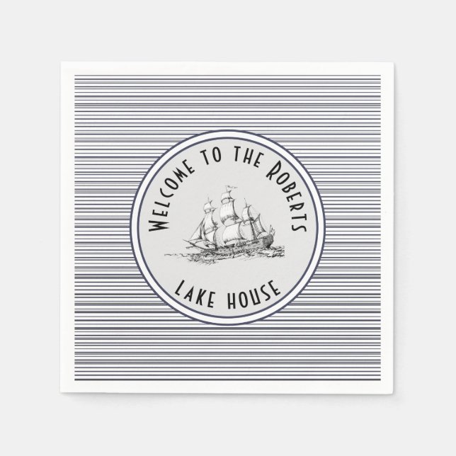 Navy Blue Stripe Vintage Label and Name Napkin (Front)