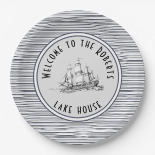 Navy Blue Stripe Vintage Label and Name Paper Plate