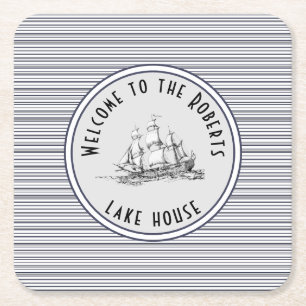 Navy Blue Stripe Vintage Label and Name Square Paper Coaster