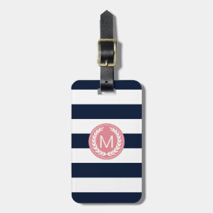 Navy Blue Stripe with Pink Laurel Wreath Monogram Luggage Tag