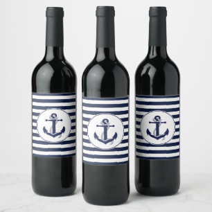 Navy Blue Striped Anchor Wedding Wine Wine Label