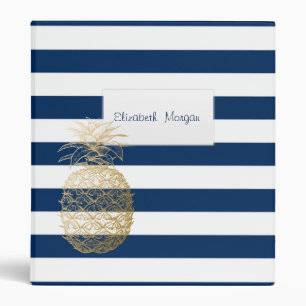 Navy Blue Striped,Gold Pineapple Tropical Binder
