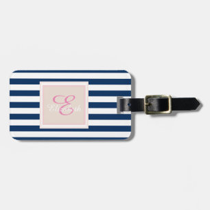 Navy  Blue Striped Monogram-Personalized Luggage Tag