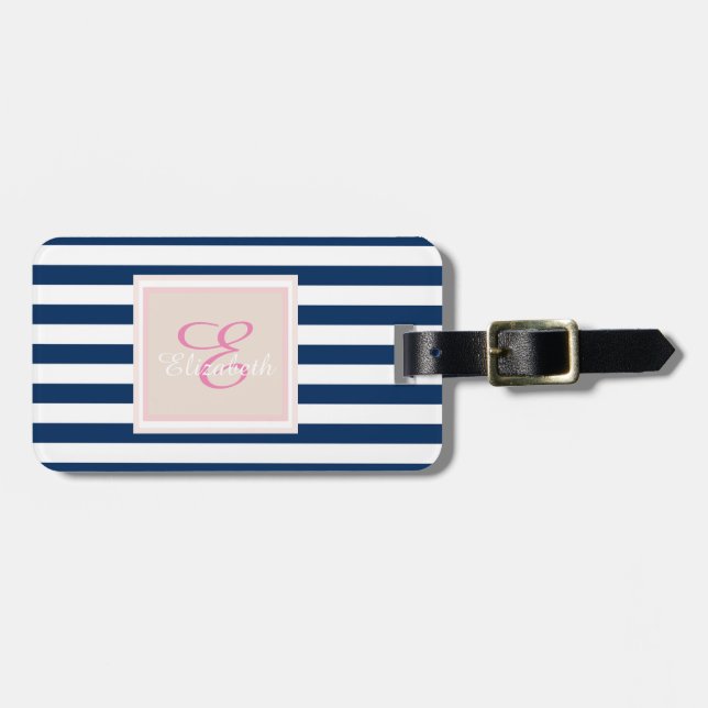 Navy  Blue Striped Monogram-Personalized Luggage Tag (Front Horizontal)