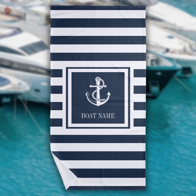Navy Blue Striped Nautical Anchor Boat Name Beach Towel (Navy Blue Striped Nautical Anchor Boat Name Beach Towel)