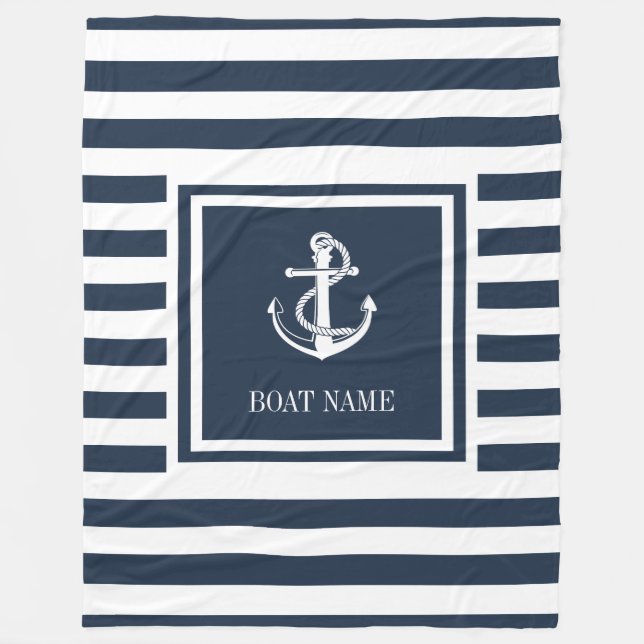 Navy Blue Striped Nautical Anchor Boat Name Fleece Blanket (Front)