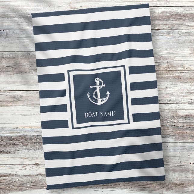 Navy Blue Striped Nautical Anchor Boat Name Kitchen Towel (Navy Blue Striped Nautical Anchor Boat Name Kitchen Towel)