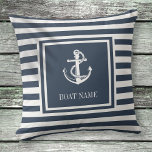 Navy Blue Striped Nautical Anchor Boat Name Outdoor Pillow<br><div class="desc">A nautical design featuring an anchor,  stylish navy blue and white stripes and personalized with your boat name. Designed by Thisisnotme©</div>