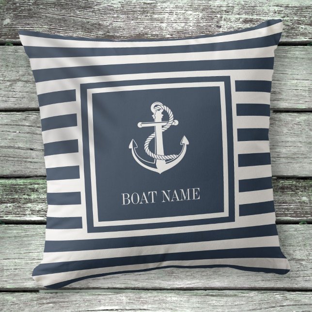 Navy Blue Striped Nautical Anchor Boat Name Outdoor Pillow (Navy Blue Striped Nautical Anchor Boat Name Outdoor Pillow)