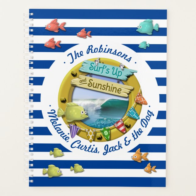 Navy Blue Striped Nautical Surf Sun Beach Holiday Planner (Front)