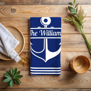Navy blue striped white anchor custom name kitchen towel