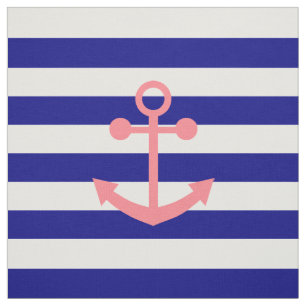 Navy Blue Stripes and Blush Pink Nautical Anchor Fabric
