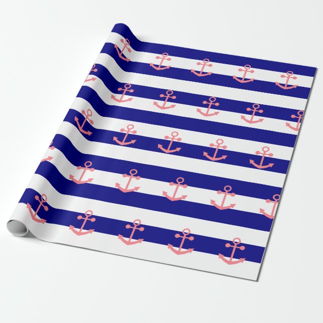Navy Blue Stripes and Blush Pink Nautical Anchor Wrapping Paper (Unrolled)