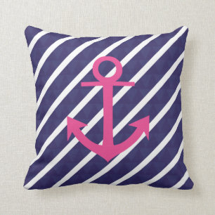 Navy Blue Stripes And Hot Pink Anchor Design Throw Pillow