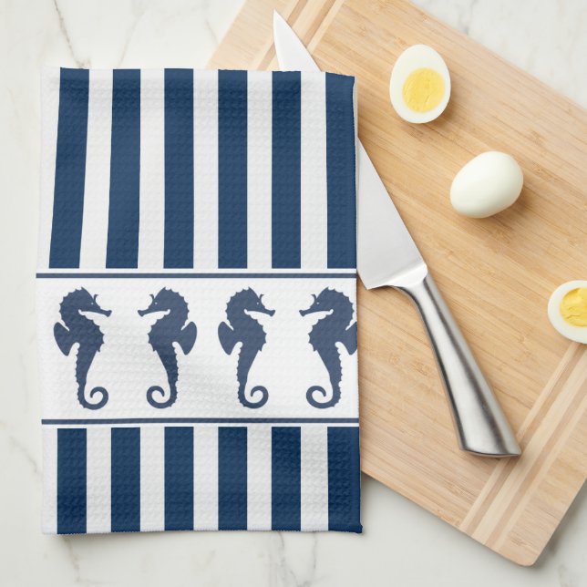 Navy Blue Stripes and Sea Horses Kitchen Towel (Quarter Fold)