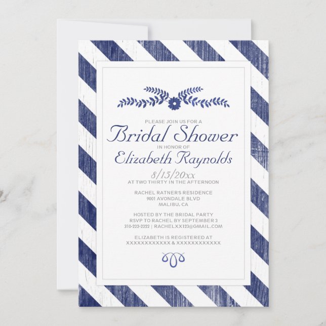 Navy Blue Stripes Bridal Shower Invitations (Front)