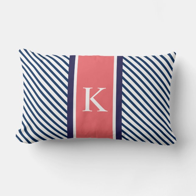 Navy Blue Stripes & Coral Monogram Lumbar Pillow (Front)