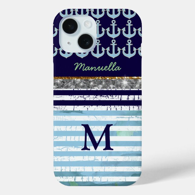 Navy Blue Stripes custom name/initial Case-Mate iPhone Case (Back)