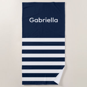 Navy Blue Stripes Family Vacation Nautical Beach Towel