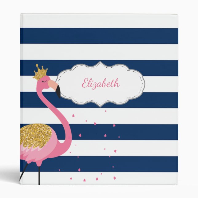 Navy Blue Stripes Flamingo Gold Glitter Crown Binder (Front)