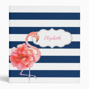 Navy Blue Stripes Floral Pink Flamingo Binder