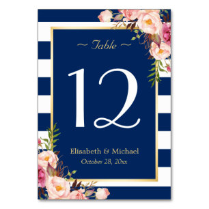 Navy Blue Stripes Floral Wedding Table Number