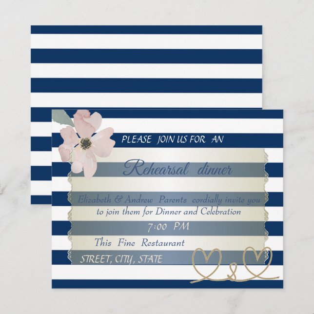 Navy Blue Stripes Flower,Wedding Rehearsal Dinner Invitation (Front/Back)