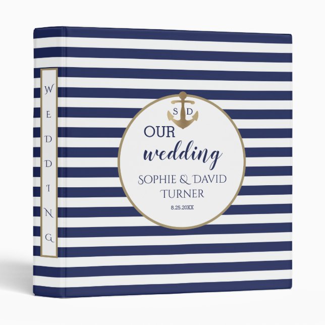 Navy Blue Stripes Gold Anchor Wedding Photo Album Binder (Front/Spine)