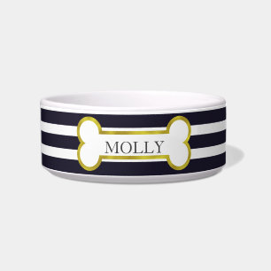 Navy Blue Stripes & Gold Bone Personalized Bowl