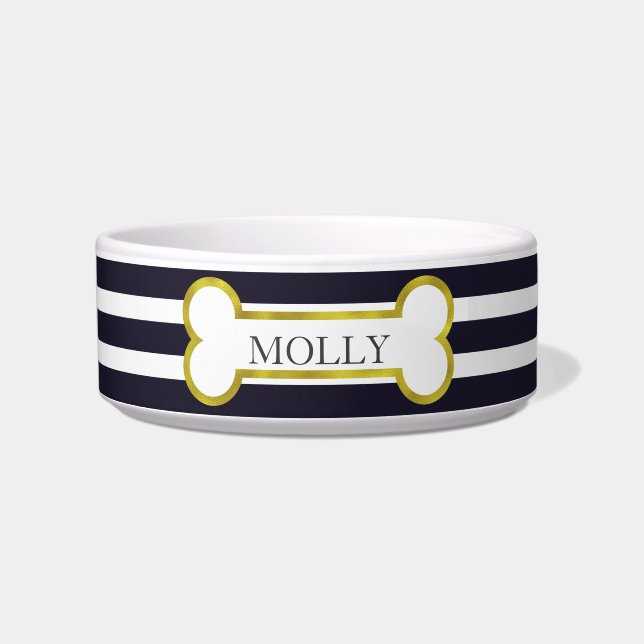 Navy Blue Stripes & Gold Bone Personalized Bowl (Front)