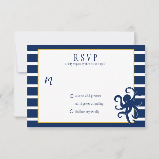 Navy Blue Stripes Gold Details Nautical RSVP | Card (Front)