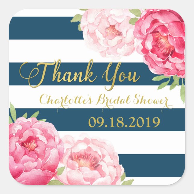 Navy Blue Stripes Gold Pink Floral Bridal Shower Square Sticker (Front)