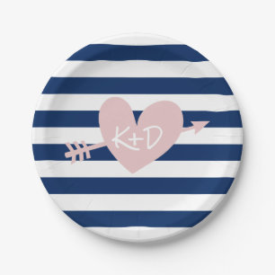 Navy Blue Stripes Heart & Arrow Nautical Wedding Paper Plate