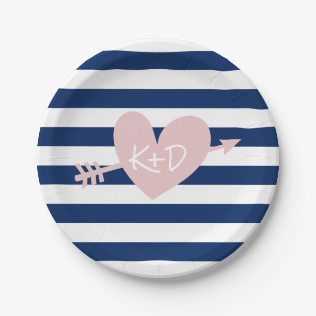 Navy Blue Stripes Heart & Arrow Nautical Wedding Paper Plate (Front)