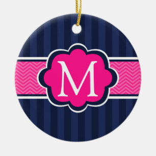 Navy Blue Stripes Hot Pink Custom Monogram Ceramic Ornament