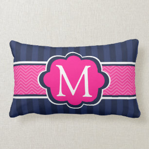 Navy Blue Stripes Hot Pink  Custom Monogram Lumbar Pillow