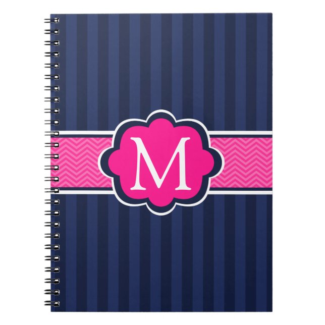 Navy Blue Stripes Hot Pink Custom Monogram Notebook (Front)