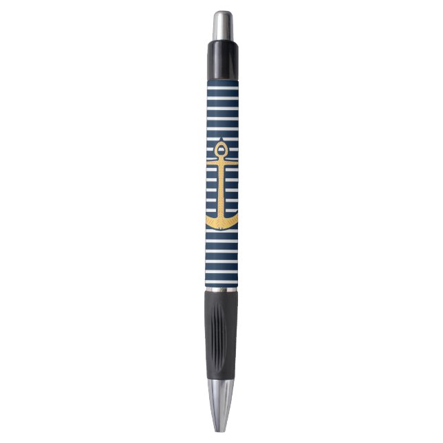 Navy Blue Stripes Nautical Anchor Pen (Front Vertical)