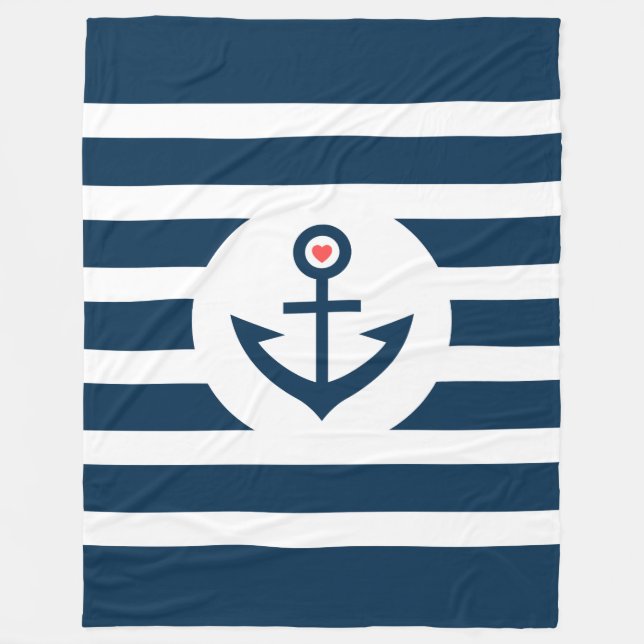 Navy-Blue Stripes & Nautical Boat Anchor Fleece Blanket (Front)